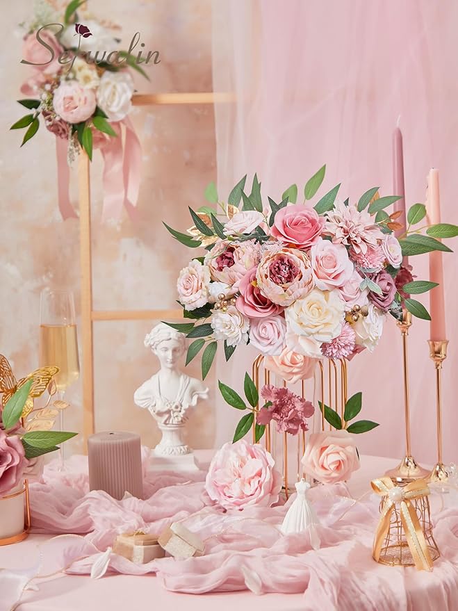 Serwalin Pink Artificial Flowers Peonies, Fake Silk Flowers Wedding Bouquet Bridal Centerpieces Flowers for Decoration, Cake Flower Home Decor