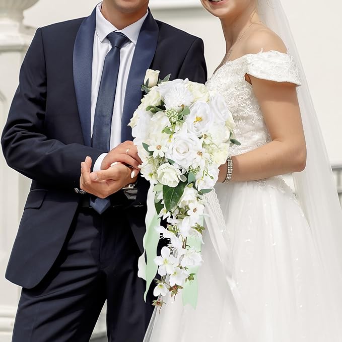 White Wedding Bouquets for Bride,10 Inch Fake Cascading Bridal Bouquet Silk Faux Flowers for Ceremony Anniversary Wedding Bridal Shower(White & Ivory)