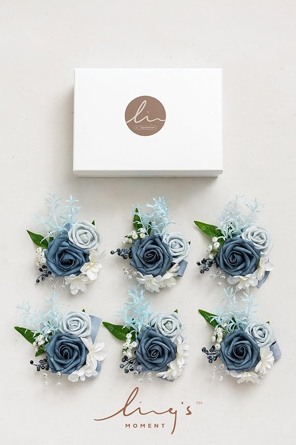 Ling's moment 6pcs Wedding Wrist Corsage Artificial Flowers, Girl/Mother Homecoming Prom Corsages Wristlet Décor, etc. Dusty Blue Light Blue