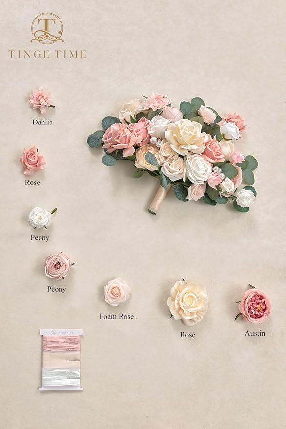 TINGE TIME 11 Inch Wedding Bouquets for Bride，Champange&Pink Artificial Flowers Bouquet， Brides & Bridesmaids Bouquet Tossing Bouquet for Wedding Anniversary Ceremony Bridal Shower Decorations