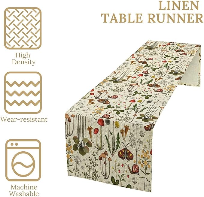 Vintage Mushroom Table Runner Rustic Farmhouse Wildflower Botanical Herbs Table Runner Boho Nature Plants Spring Summer Seasonal Dinner Runner for Home Kitchen Holiday Party Decor 13x90in