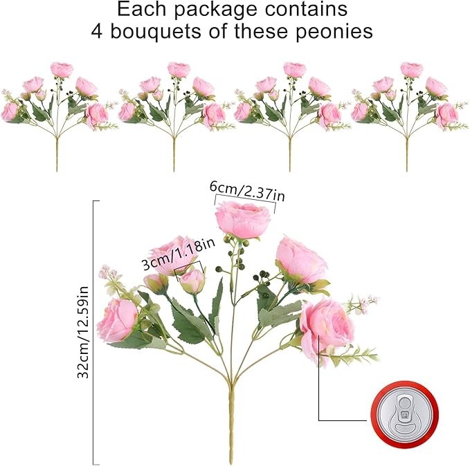 Artificial Peonies Silk Flowers, Pink Faux Peony Bouquet 4 Bundles Florals Arrangements Decor for Farmhouse Home Boho Wedding Table Centerpiece, Fake Plastic Flowers Bulk for Vase Decoration (Pink)