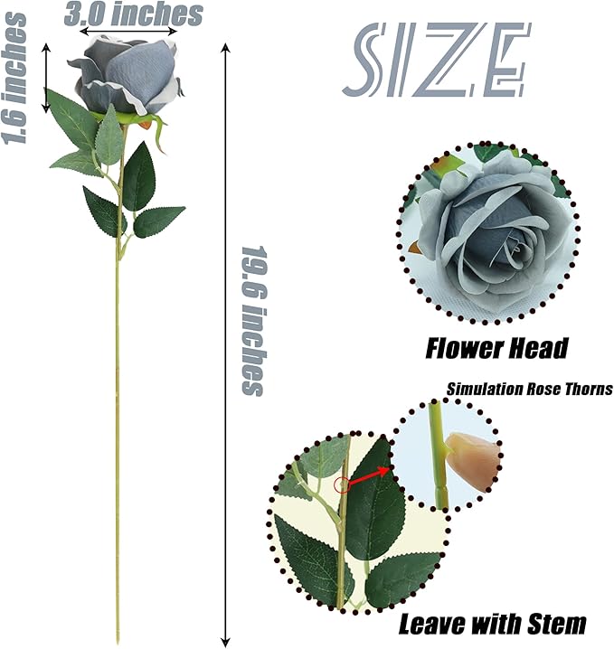 SITUMEIZI 15PCS Artificial Roses Silk Flowers Fake Roses Realistic Bouquet Long Stem with Gift Box for Mother's Gift Day Home Party Wedding Decorations(Silver)