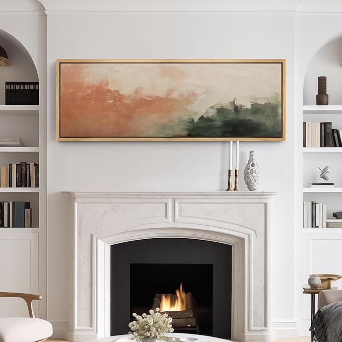 SIGNFORD Large Framed Canvas Print Wall Art Blush and Green Abstract Brushstroke Illustrations Modern Art Relax/Calm Warm for Living Room, Bedroom, Office - 60"x20"