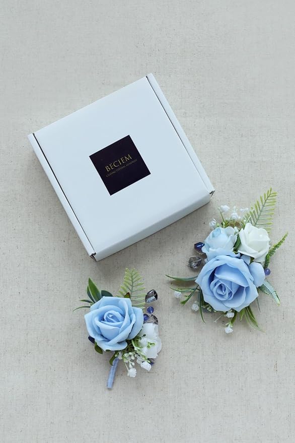 Dusty Blue Corsage and Boutonniere Set, Prom Wedding Homecoming Wrist Corsage Wristlet and Boutonniere Set for Grooms Groomsmen Guest Bridal Bridesmaid Artificial Flower Suit Decoration