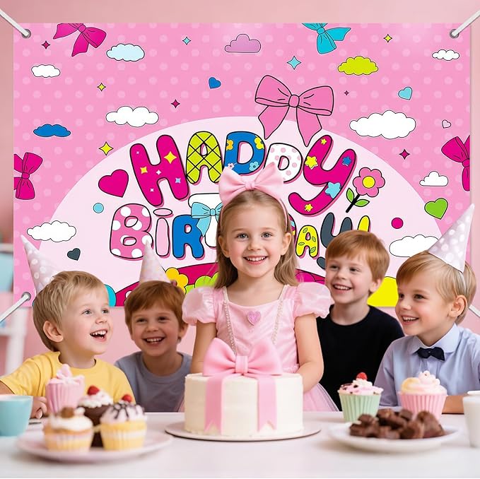 3x5ft Cartoon Bow Birthday Backdrop, Happy Birthday Decoration Background, Cute Pink Theme Party Supplies Outdoor Indoor Photo Banner