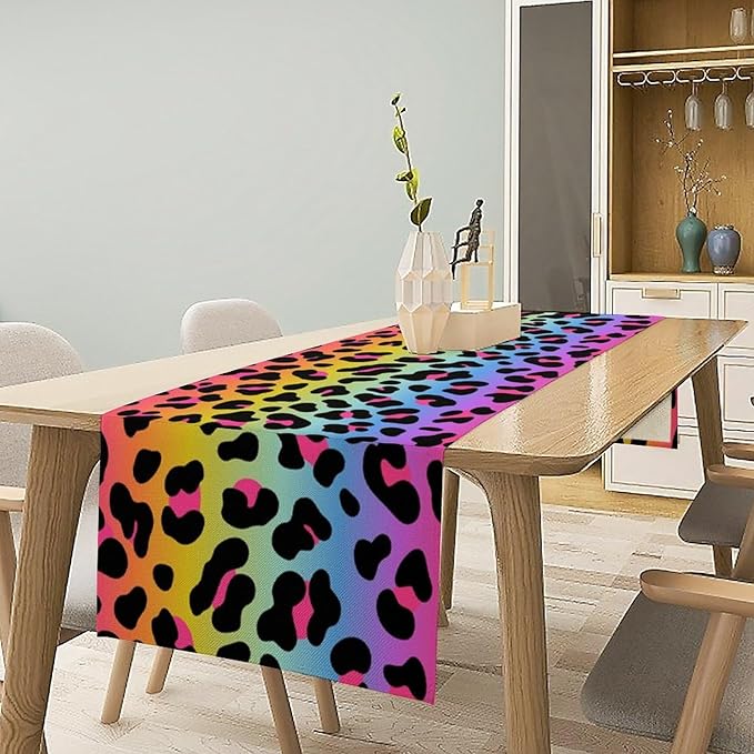 Rainbow Leopard Skin Print Table Runner, Wildlife Colorful Neon Cheetah Dots Dinner Runner Table Decoration for Farmhouse Home Kitchen Dining Table Party Holiday Decor 13x90in