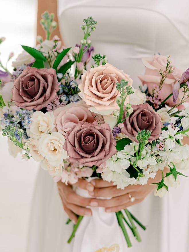 MACTING Artificial Flower Roses Real Touch Fake Flowers with Stem 30PCS Foam Roses for DIY Wedding Bouquet Table Centerpieces Party Holiday Home Spring Valentines Day Decorations(Warm Taupe Nude)