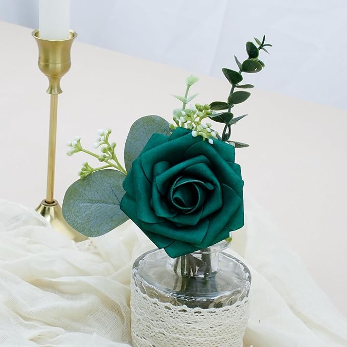 Artificial Flowers, 50pcs Hunter Green Artificial Rose for DIY Wedding Bouquets Centerpieces Arrangements, Fake Flower with Stem for Party Home Decrration