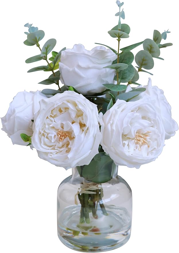 Forlaoers Modern White Roses Floral Silk Flower Arrangements Fake Flower Bouquet Artificial Flowers with Vase in Fake Water Centerpieces for Center Dining Table Decor Home Bathroom Office Decorations