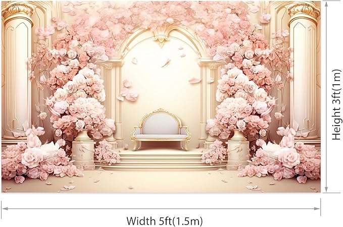 AOFOTO 5x3ft Wedding Backdrop Palace Hall Wall Spring Pink Flower Arch Background for Photography Bridal Shower Valentine's Day Prom Decoration Banner Girl Portrait Photo Booth Backdrop