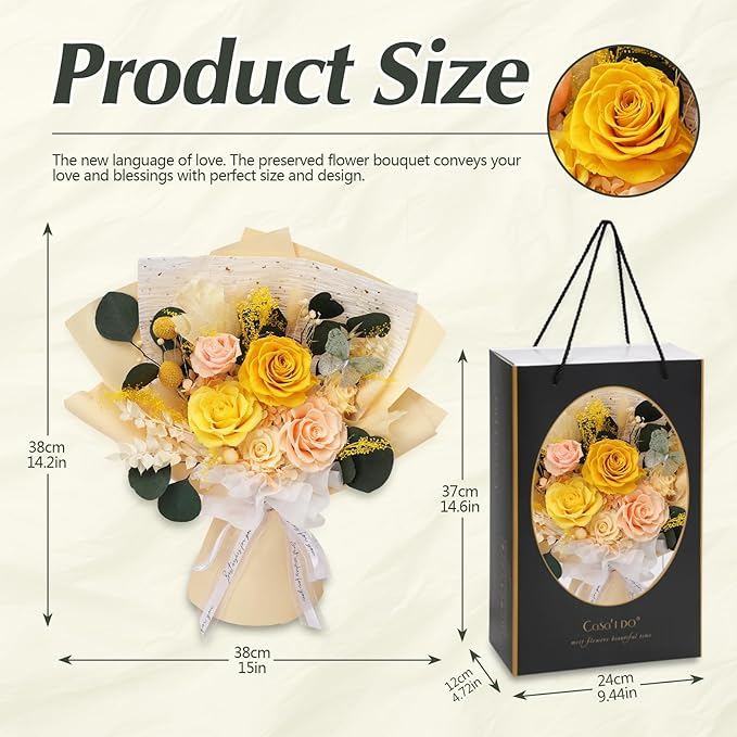 Casaido Preserved Flowers for Delivery, 6 Yellow Roses Bouquet, Birthday Gifts for Women, Christmas Rose Gifts for Mom Wife Girlfriend, Real Flowers for Valentines Day Anniversary