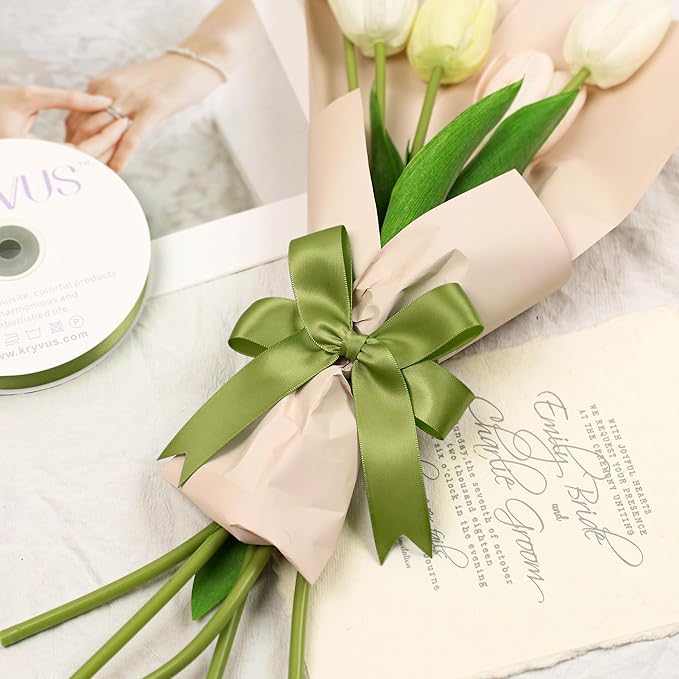 Moss Green Satin Ribbon, Double Faced 1 Inch X 50 Yards Moss Green Ribbon, Premium Satin Ribbon for Gift Wrapping, Crafts, Hair Bow Making, Sewing, Flower Bouquet, Wedding Party Decor