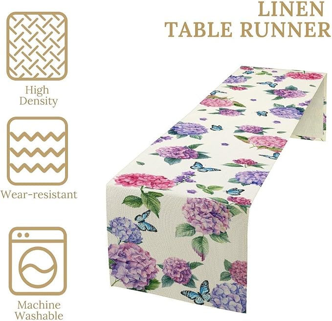Hydrangea Table Runner, Spring Summer Watercolor Purple Floral Seasonal Country Farmhouse Coffee Table Center Decor for Home Kitchen Dining Patio Holiday Party Table Decorations 13x90 inches