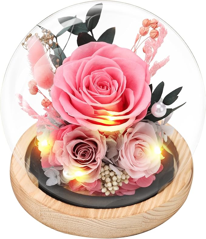 Preserved Roses Flowers for Delivery, Pink Forever Flores in Glass Dome for Women Mom Grandma Wife Girlfriend, Eternal Rose Anniversary Birthday Gift for Valentines Mothers Day Christmas