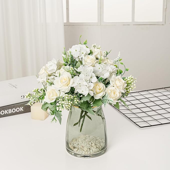 Artificial Flower 5 Branches Artificial Silk Fake Flowers Bouquet Small Roses for Wedding Home Office Tables Decor 4 Packs(White)