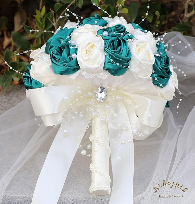Bridal Wedding Bouquet Round Bling Brooch Bouquet Throw Toss Artificial Rose Flower Bunch for Bride Bridesmaid Wedding Quinceanera(Dark Green & Ivory, 8.7")