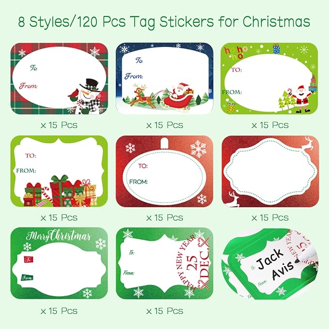 Jumbo Christmas Name Tags Stickers 120 Pack/8 Designs -Gift Tag with Reflective Metallic Foil for Christmas Presents (Snow White)