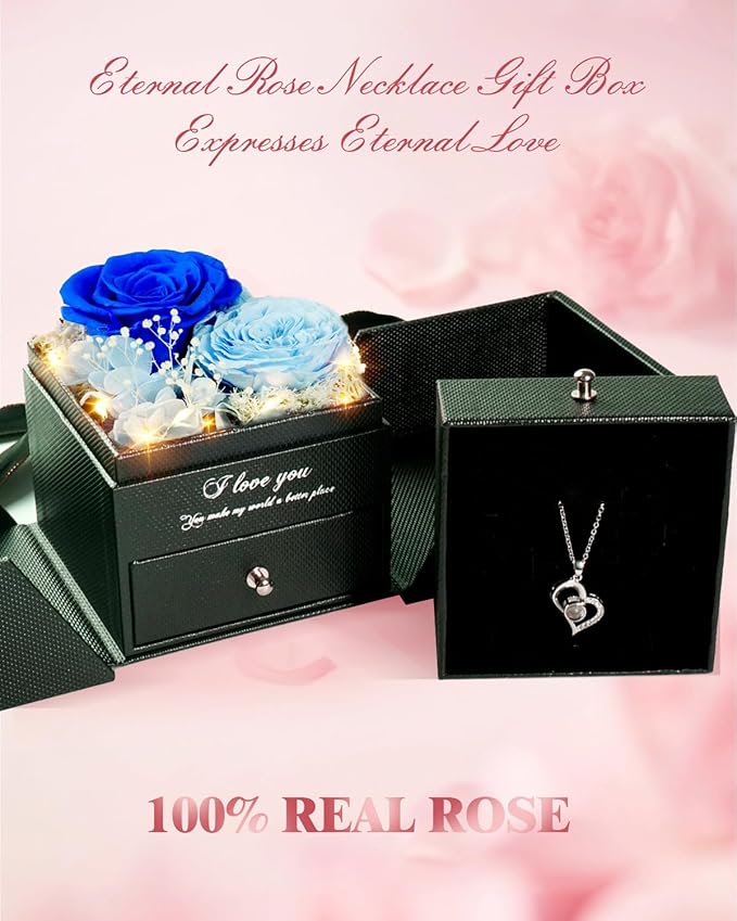 Birthday Gifts for Women, Preserved Real Roses with Heart Necklace I Love You in 100 Languages, Romantic Anniversary Wedding Christmas Gifts for Women Her Girlfriend Wife, 2 Blue Forever Roses Necklace Gift Box