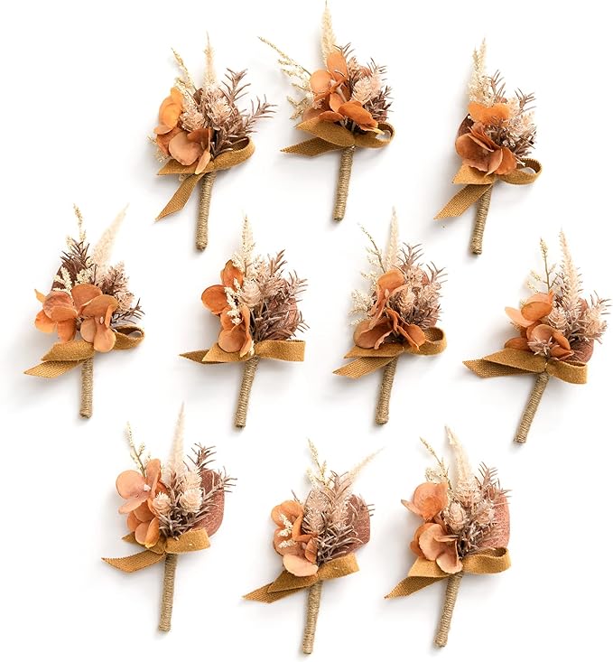 Ling's Moment Boutonniere for Men, 10pcs Groomsmen Guest Boutonniere, Artificial Flowers for Wedding Décor/Prom/Homecoming,etc.Boho Dried Burnt Orange