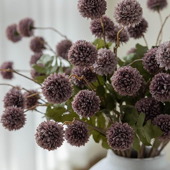 mizii 6Pcs Fake Silk Pompon Mum Artificial Flowers Bulk Small Faux Chrysanthemums with Stems Realistic Floral Decorations for Wedding DIY Bouquet Centerpieces Shower Vase Home Decor (Gray Purple)