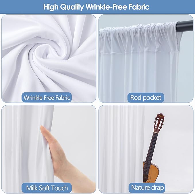 Wrinkle Free White Backdrop Curtain for Parties 30x7ft Soft Fabric Drapes Wedding White Curtain Backdrop for Birthday Party Decorations Background for Photography 5x7ft, 6 Panels