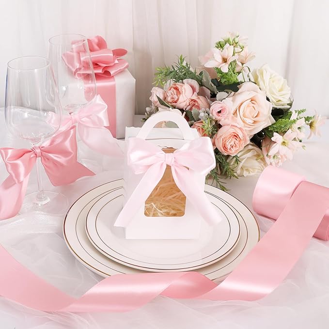 TONIFUL 2 in x 25 Yds Wide Rose Gold Satin Ribbon Solid Fabric Ribbons Roll for Crafts Chair Sash Valentine's Day Gift Wrapping Invitation Cards Floral Hair Bows Sewing Party Wedding Car Decoration