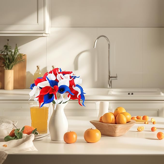 SITUMEIZI 24 PCS 4th of July Flowers Artificial Calla Lily Fake Silk Patriotic Flowers Real Touch for Independence Day Home Kitchen Decor Table Centerpiece Decoration(Mix,3)