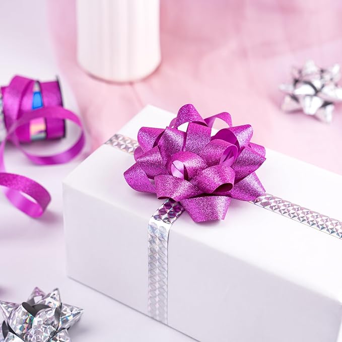WRAPAHOLIC 16 Pcs Gift Bows Assortment - 14 Multi Colored Assorted Size Gift Bows(Purple, Silver, Blue), 2 Crimped Curling Ribbons, Perfect for Holiday, Party