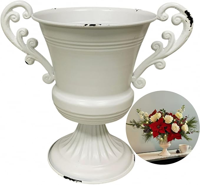 8.3" Shabby Chic European Urn Vase, Distressed Vintage Metal Body with Heavy Cast Iron Double Handles, Romantic Farmhouse Centerpiece for Mantel or Table Decor