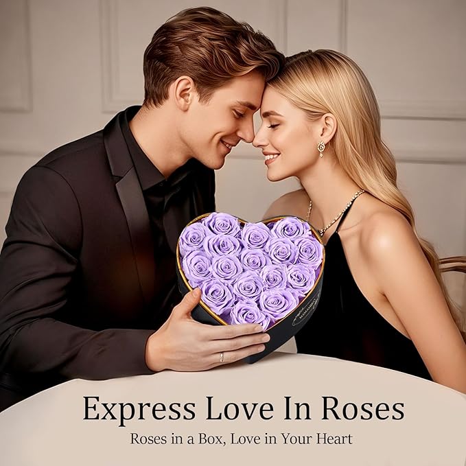16 Preserved Roses in Heart Shape Gift Box for Her - Forever Flowers for Delivery, Eternal Rose Mothers Gifts for Mom, Wife Anniversary Birthday Gifts for Women, Purple