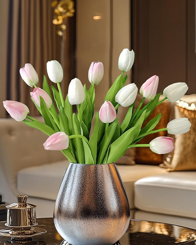12pcs Tulips Artificial Flowers Real Touch Silk Faux Flowers Tulip Stems for Wedding Spring Bouquet Floral Arrangement Home Party Office Decorations (White & Pink)