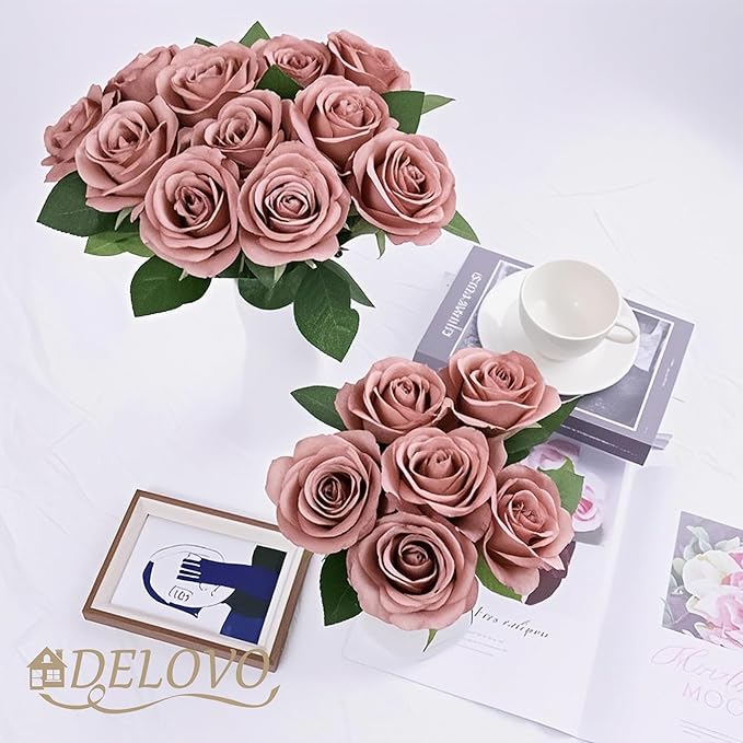 52pcs Dusty Rose Roses Artificial Flowers Fake Flowers Silk Roses with Stems for DIY Wedding Bouquets Bridal Shower Centerpieces Arrangements Party Decorations