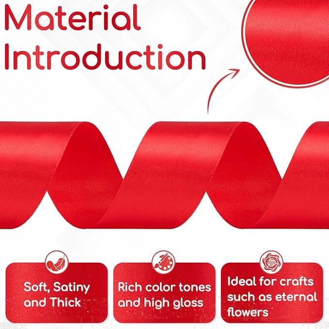 Red Satin Ribbon 1-1/2 Inch 60 Yards, Solid Polyester Fabric Ribbon for Gift Wrapping, Flower Bouquet, Crafts, Handmade Roses, Christmas, Wedding and Hair Accessories