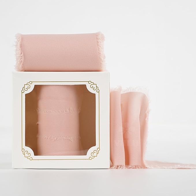 MEEDEE Blush Chiffon Ribbon 3 Inch Fringe Ribbons Pink Chiffon Silk Frayed Edge Ribbon Wide Chiffon Ribbons for Crafts, Flower Bouquet, Wedding Favors Wrapping (2 Rolls 10 Yards)