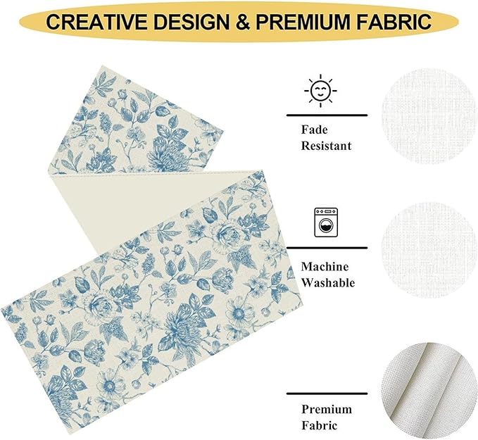 Blue Floral Table Runner, Spring Summer Sketch Wildflower Vintage Country Farmhouse Coffee Table Center Decor for Home Kitchen Dining Patio Holiday Party Table Decorations 13x90 inches
