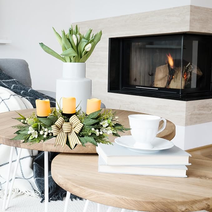 Candle Holder Centerpiece for Table,3 Wick Candle Holder with Artificial Gypsophila Flower,Artificial Eucalyptus Leaves Magnolia Holly Berries and Striped Bow for Table Centerpiece Decor,Dining Room