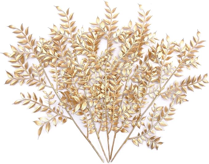 PASYOU Fake Leaves Plants for Christmas Decor, Gold Artificial Shrubs Grass Foliage Plastic Bulk Leaf Indoor Outdoor Home Garden Party Hotel Verandah Wedding Event Faux DIY Decoration - Golden 5 Pack
