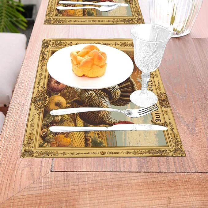 PVC Placemats Set of 4 Wipeable Table Mats Washable Heat Resistant Non Slip Vinyl Dining Table Mat for Kitchen Indoor Outdoor Patio Farmhouse Place Mats Retro Turkey Thanksgiving Decorative