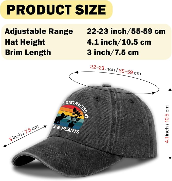 Funny Cats Plants Distressed Washed Black Baseball Caps Easily Distracted by Cats & Plants Printed Cotton Adjustable Hats Christmas Birthday Gifts for Women Men Friend Cat Lover Plant Lover