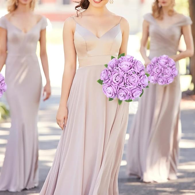 Purple Roses Artificial Flowers 16pcs Velvet Artificial Roses with Stems 3.15" Purple Fake Roses for Bridal Bouquet Wedding Flowers for Floral Centerpieces Home Party Decor (Purple)