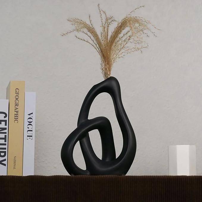 Unique Black Ceramic Vases for Home Decor, 9.1" H Boho Nordic Aesthetic Modern Style, Decorative Vases for Home Decor Living Room