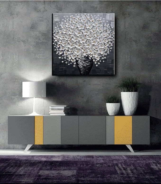 YaSheng Art- 3D Thick Texture Black and White Canvas Wall Art Hand-Painted Minimalism Abstract Artwork Oil Painting Home Decorations Modern bedroom Wall Art Ready to Hang 24x24inch