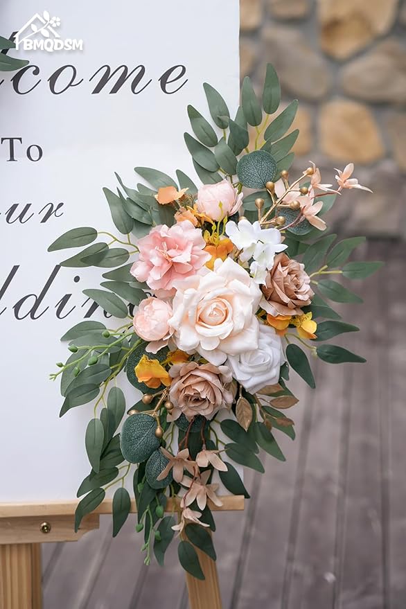 Wedding Welcome Signs Floral(Pack of 2)，Wedding Arch Flowers for Wedding Decorations and Reception Backdrop Decoration (New Champagne)