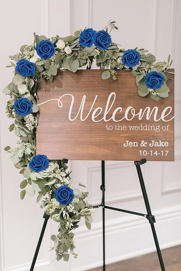 Royal Blue Roses 50PCS Artificial Blue Roses with Stems 2.95" Realistic Fake Blue Roses Foam Flowers for Baby Shower Centerpieces Kissing Ball Table Decor for Party (Royal Blue)