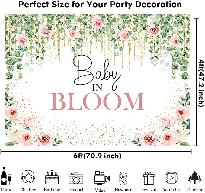 Sensfun Baby in Bloom Backdrop Green Leaves Pink Flowers Baby Shower Party Decorations Girls Greenery Floral Baby in Bloom Banner Gold Glitter Dots Photography Background Cake Table Supplies 6x4ft