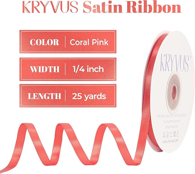 Coral Satin Ribbon, Double Faced 1/4 Inch X 25 Yards Coral Ribbon, for Gift Wrapping, Crafts, Hair Bow Making, Sewing, Flower Bouquet, Wedding Party Decor