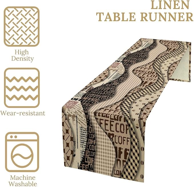 Coffee Theme Table Runner Abstract Geometric Modern Coffee Beans Dinner Runner Table Decoration for Farmhouse Cabin Home Kitchen Dining Holiday Party 13x120in