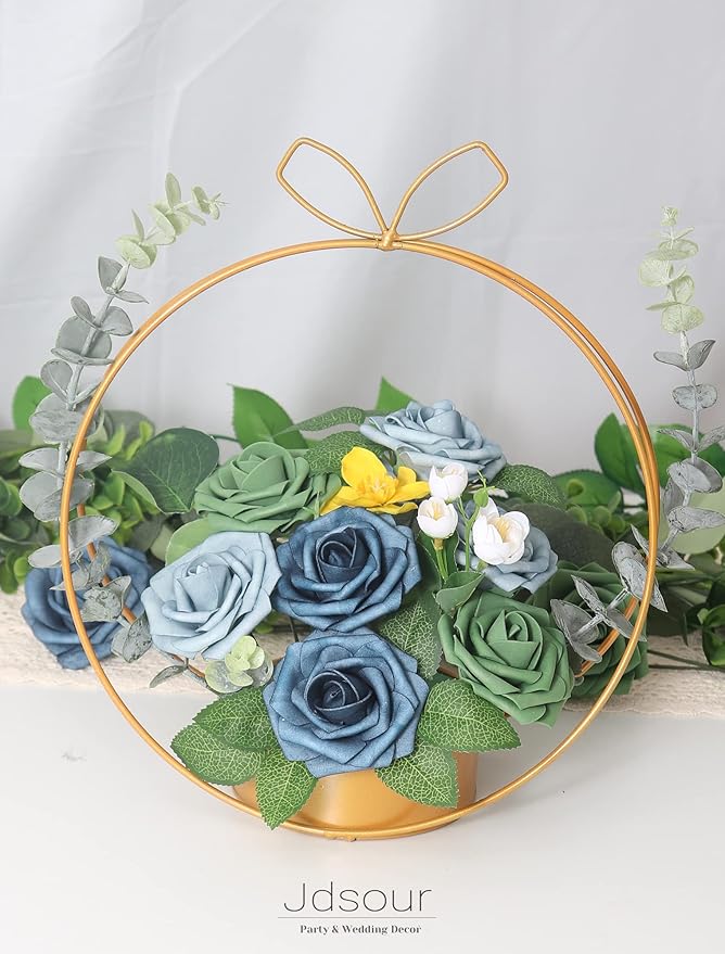 50pcs Artificial Flower，Real Touch Foam Roses w/Stem DIY for Wedding Bouquet Centerpieces Party Shower Home Decor-Dusty Blue Shades