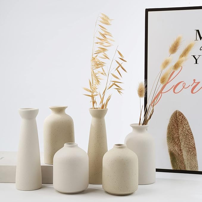 Ceramic Vase,Small Vases for Decor,Set 3 Modern Boho Vases for Flower Pampas,Fit for Living Room Desk Shelf Decor (White)